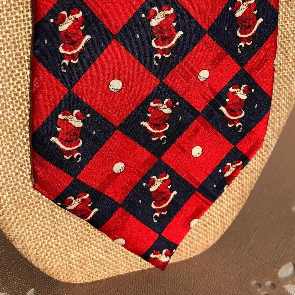 American Greetings Vintage Santa Golf Swing Print Silk Necktie